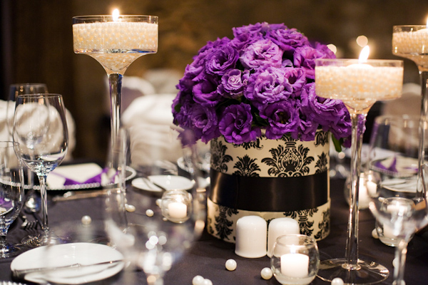  damask vase with purple anemone flowers - centerpiece photo by Melissa Jill Photography